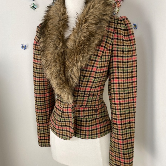 DEPT Plaid Wool Blazer Jacket With Faux Fur Collar Size Small - Picture 7 of 10